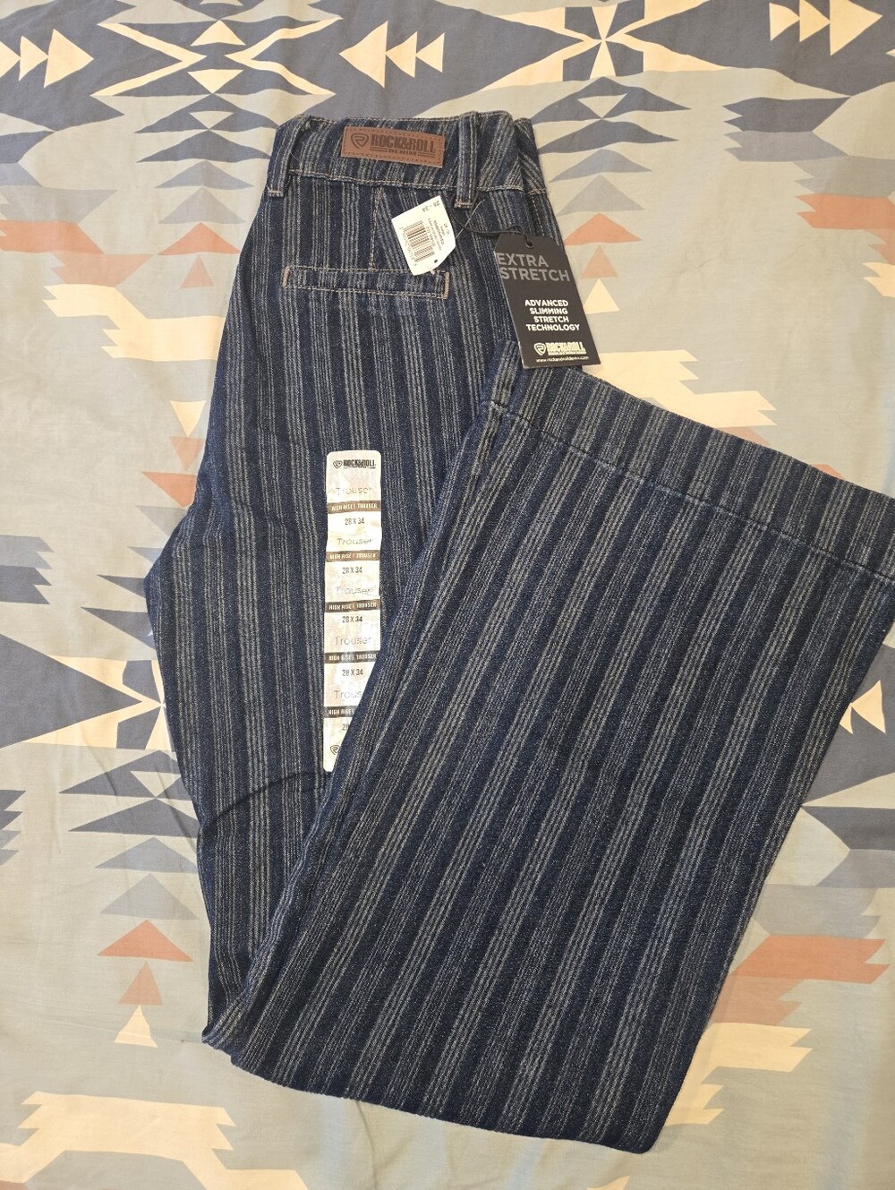 Rock&Roll Denim Slimming Stretch Blue Pin Striped Trousers. Womens 28Wx34L